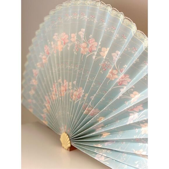 Vintage Paper Floral And Lace Shell Fan - Picture 1 of 12